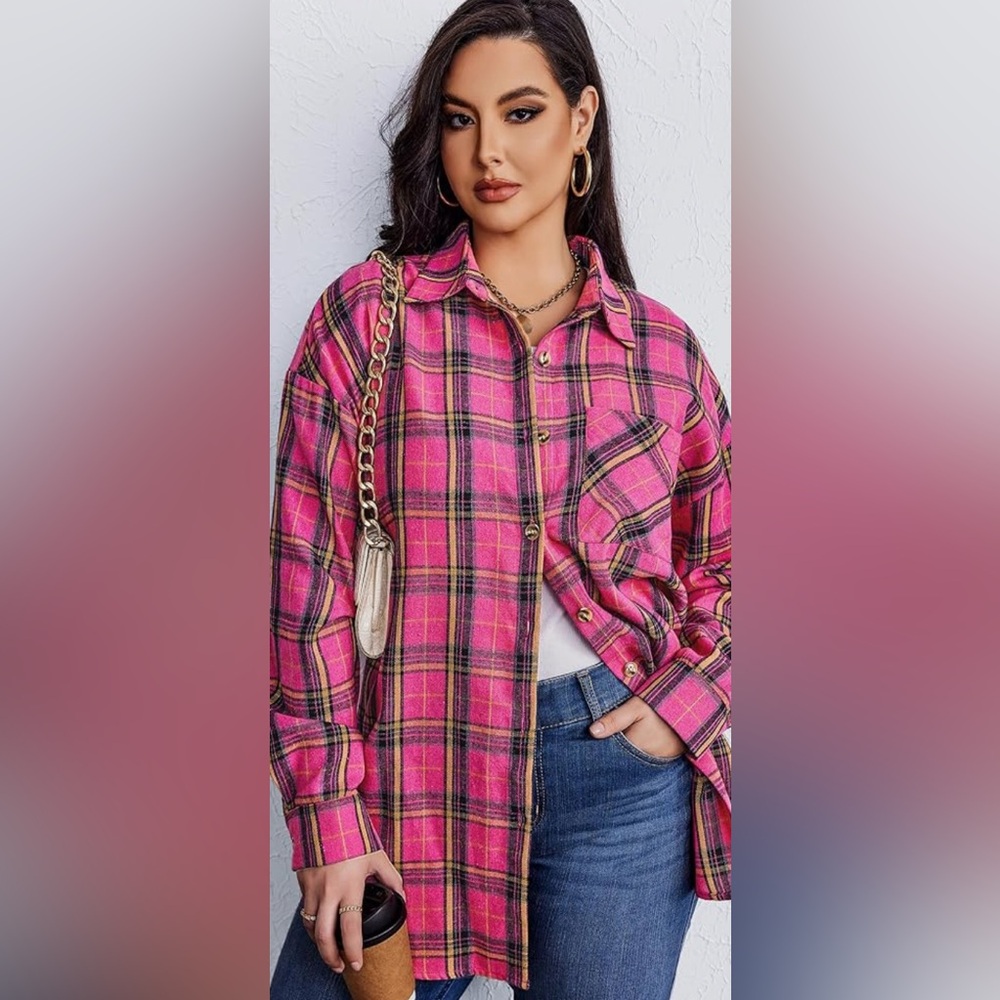 New-3XL Classic Plaid Pink Women's 
Long sweep, soft cotton button down 
Shirt